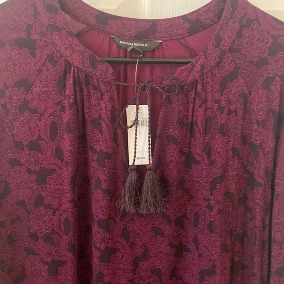 Banana Republic wine & black dress w keyhole neck & fringe tie L NWT Host Pick - Picture 4 of 16